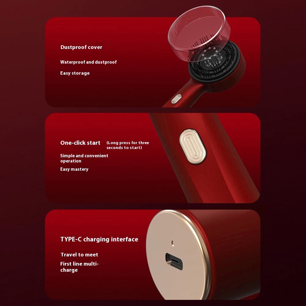Red hair steamer massage brush  with features highlighted on a red background