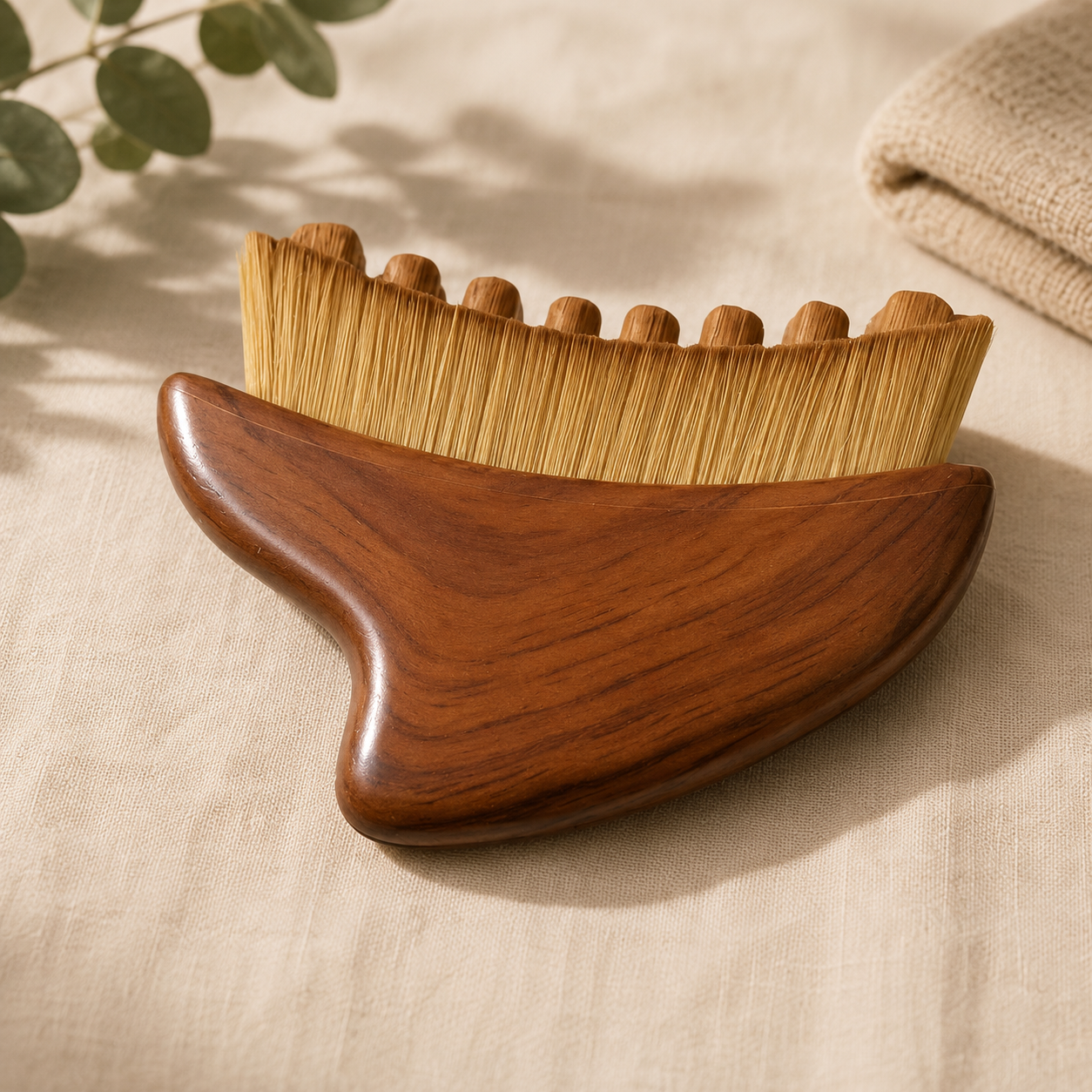 A wooden lymphatic drainage brush with a curved dark brown wooden handle and light tan bristles, resting on a beige fabric surface with soft shadows and a folded cloth in the background.
