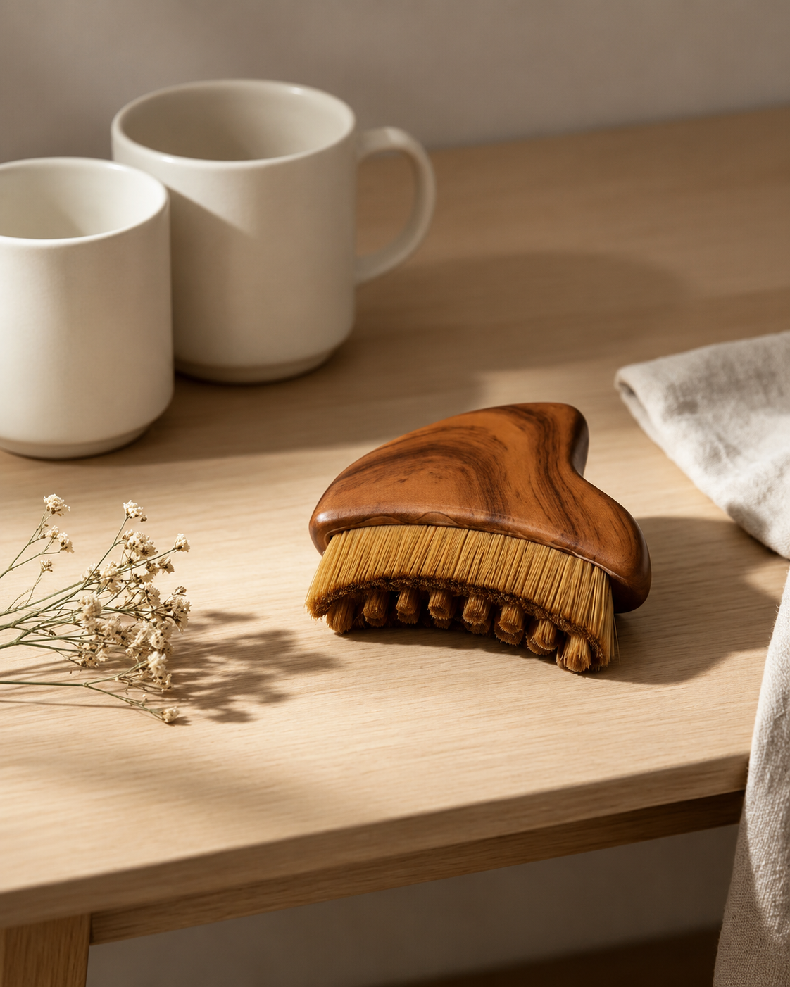 A wooden lymphatic drainage brush with a polished brown handle and natural tan bristles, styled on a light wood table next to two white ceramic mugs, dried flowers, and a folded linen cloth.