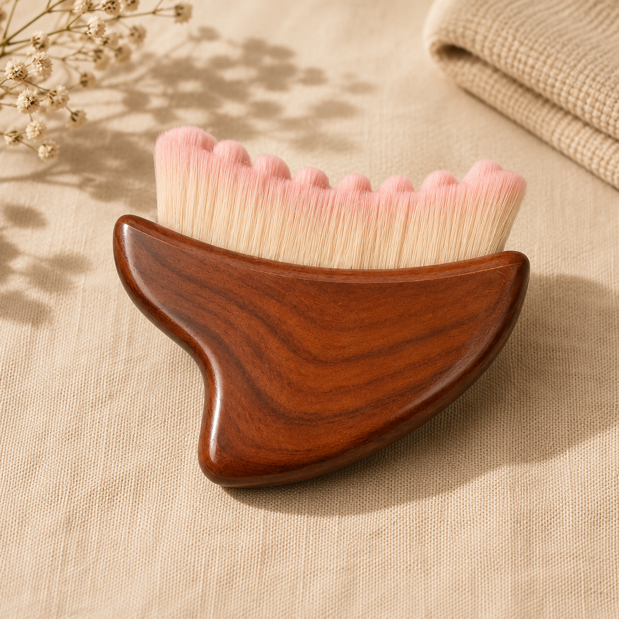A wooden gua sha massage tool with soft pink and cream bristles, resting on a beige linen surface with dried flowers and a folded cloth in the background.