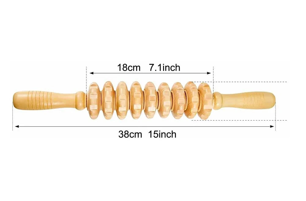 Wooden massage roller with measurements and usage examples on a white background