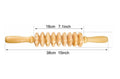 Wooden massage roller with measurements and usage examples on a white background