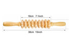 Wooden massage roller with measurements and usage examples on a white background