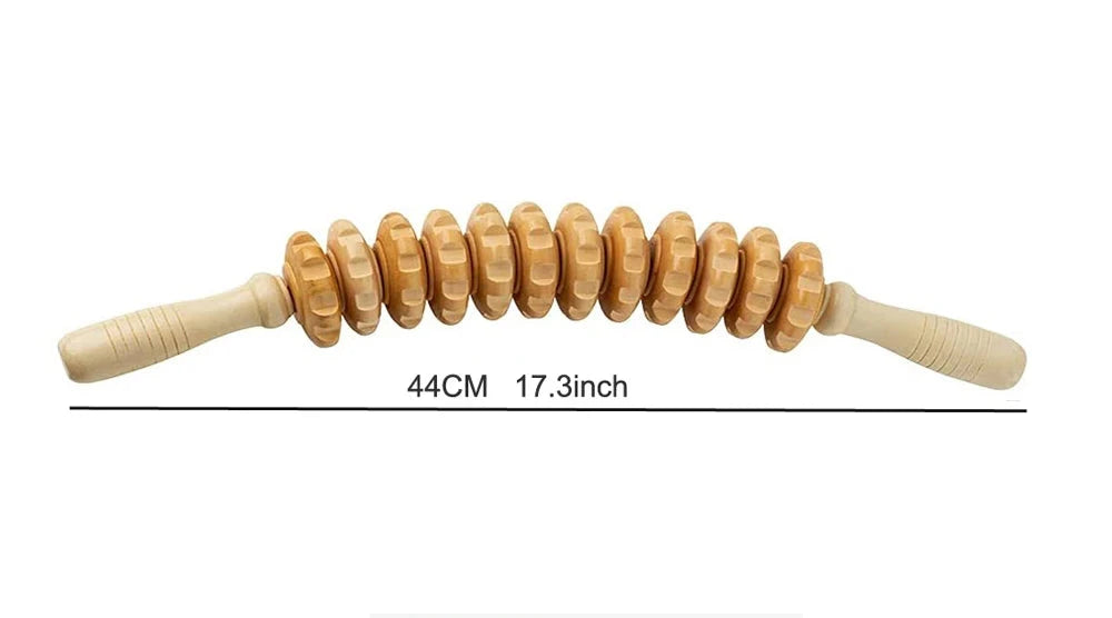 Wooden massage roller with measurements and usage examples on a white background