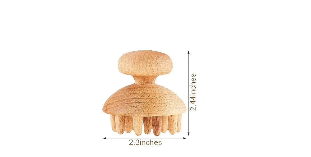 Wooden massage brush with measurements and usage examples on a white background