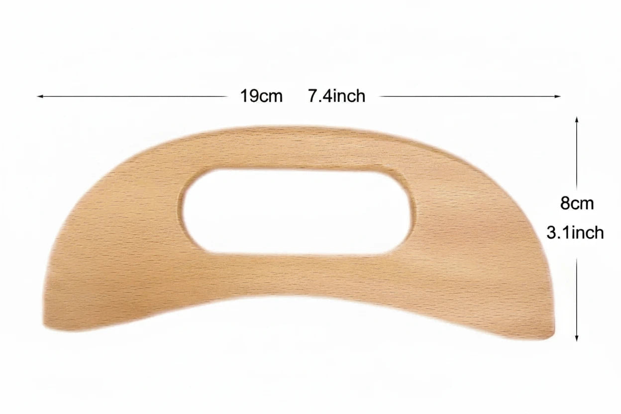 A curved light wood massage tool with an oval cutout, shown on a white background with dimension lines indicating 19 cm (7.4 inch) width and 8 cm (3.