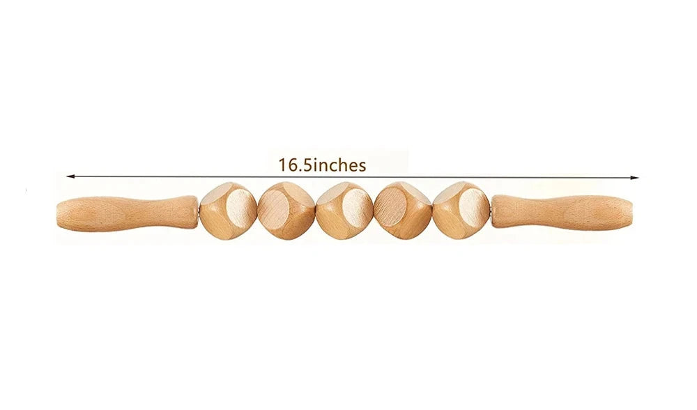 Wooden massage roller with measurements and usage examples on a white background