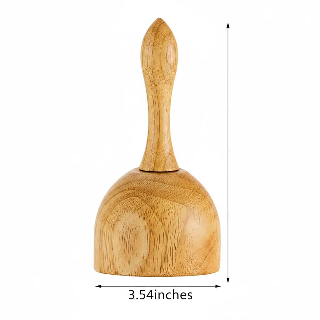 Wooden massage tool with measurements and usage examples on a white background