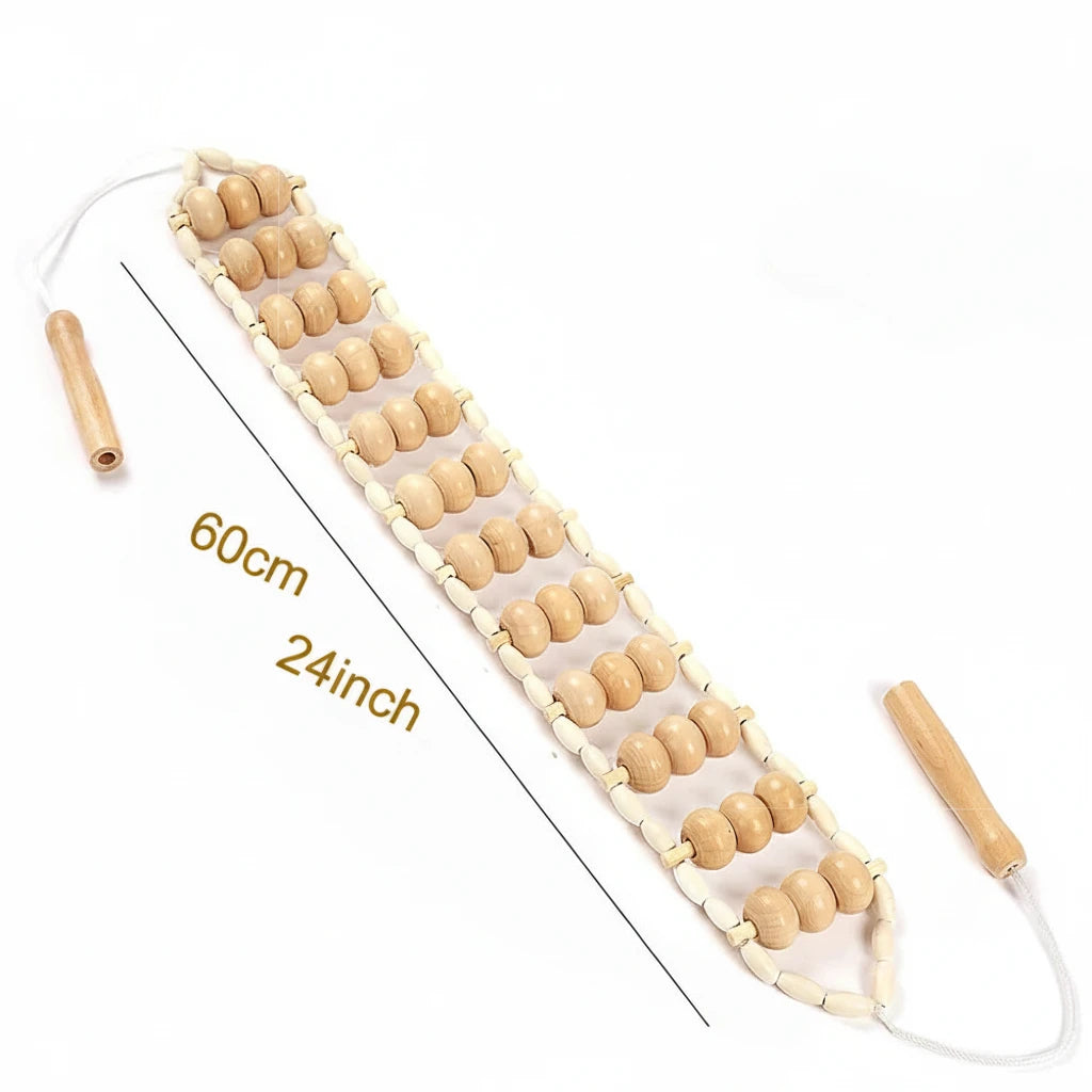 Wooden back massager with measurement details on a white background
